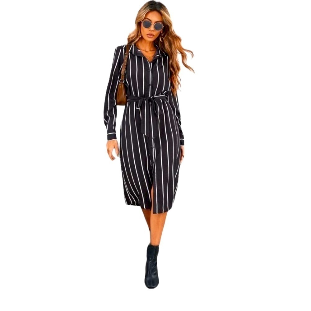 Lyssé Belted Shirt Dress Striped Long Sleeve Button Down 75% Nylon Sz S